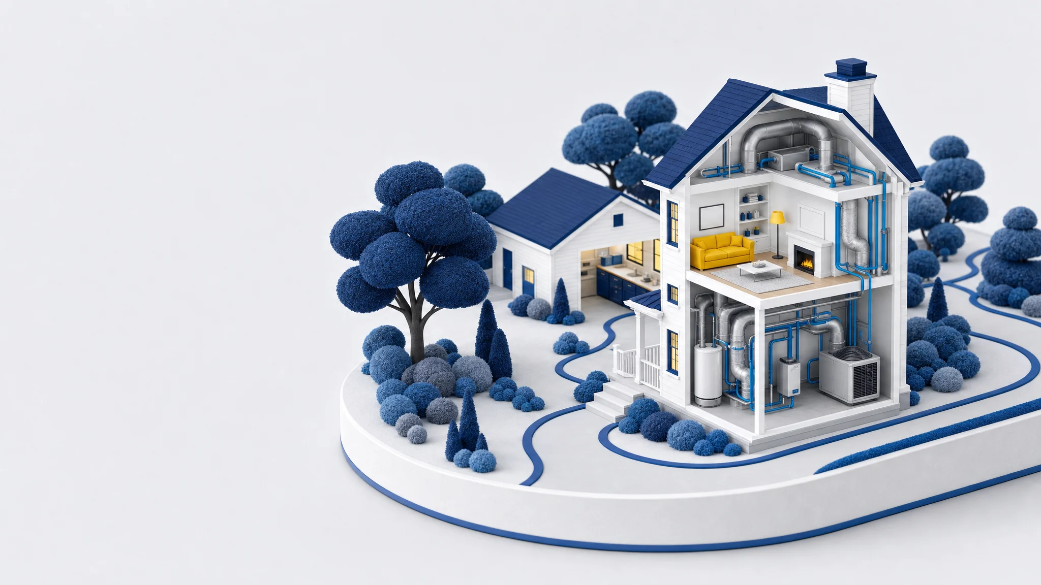 Illustrative cutaway home showing heating and cooling equipment.