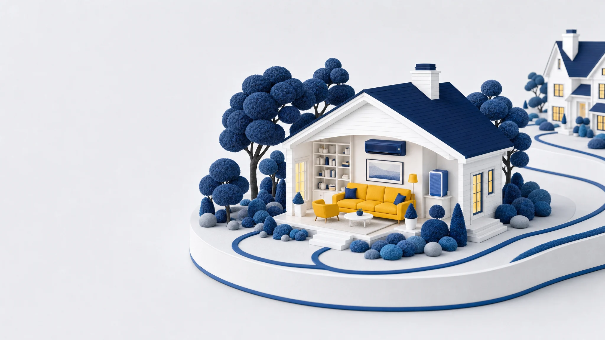 Illustrative model living room with a yellow sofa, surrounded by blue trees.
