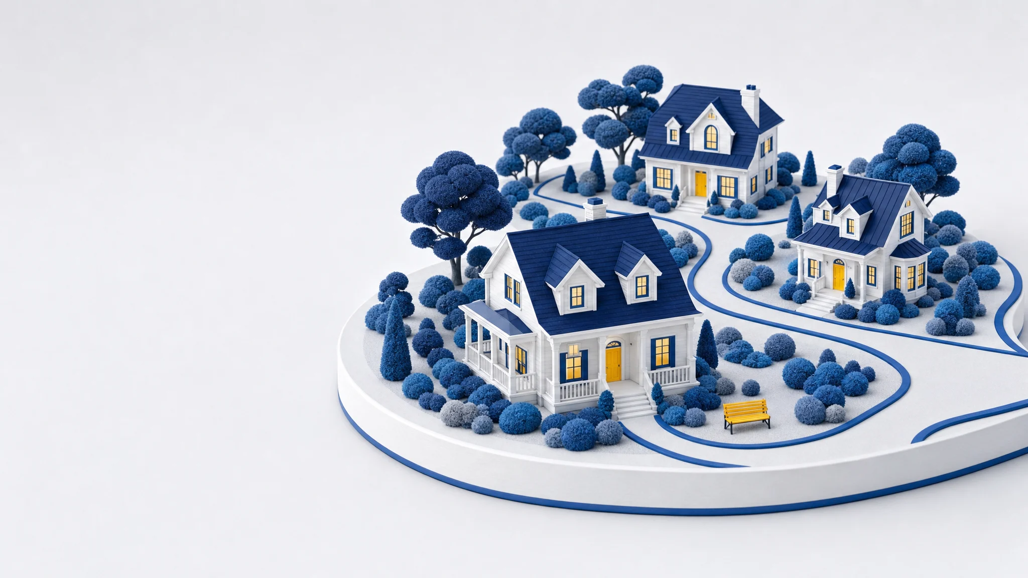 Illustrative miniature neighborhood of white homes joined by winding paths.